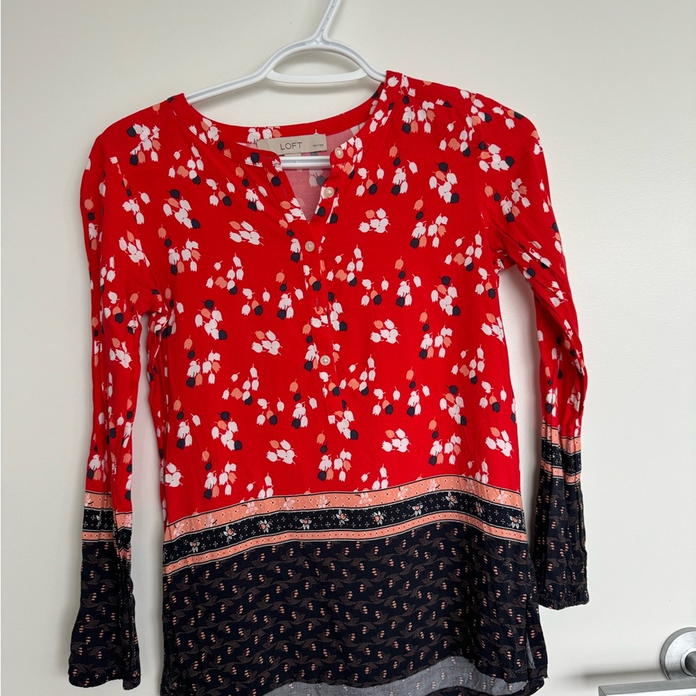 LOFT Red and Black Floral Blouse